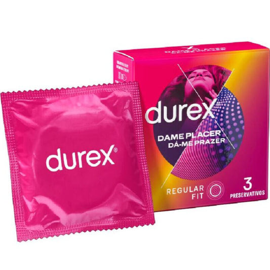 Durex Dame Placer condoms with pink wrapper – ribbed and dotted for extra pleasure, 3 pack