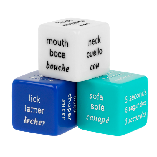 Colorful erotic dice showing body parts, actions and durations – perfect for playful nights!