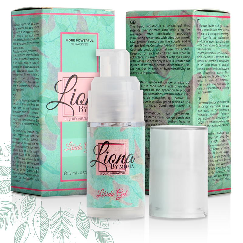 Liona Libido Gel bottle with leaf design background – natural stimulation meets style.