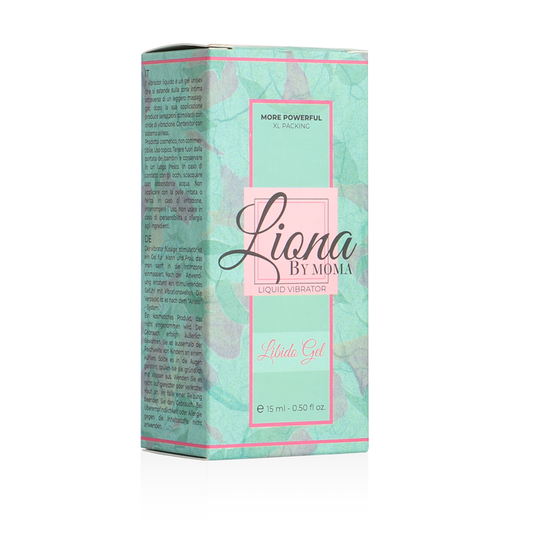 Side view of Liona by Moma Libido Gel – Liquid vibrator gel in elegant turquoise packaging.