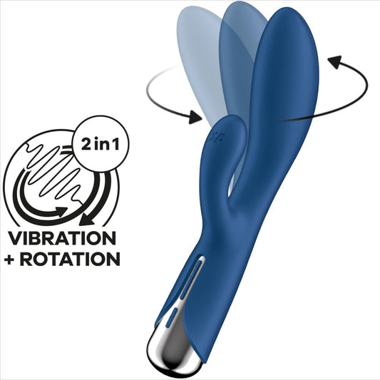 Front view of the Spinning Rabbit 1 with elegant blue silicone finish – Juguito