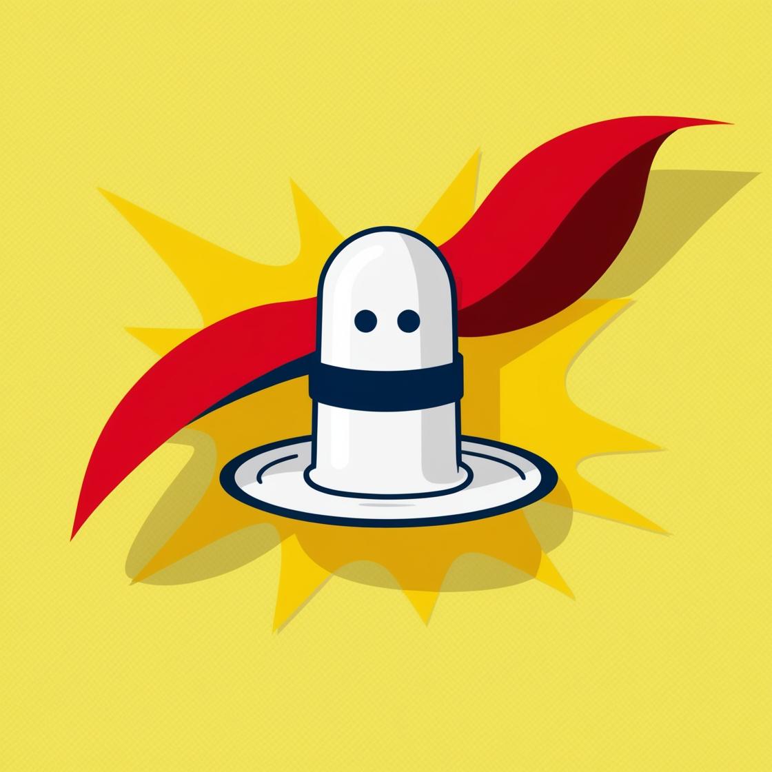 Fun superhero-themed condom illustration with cape – playful representation of safe sex and protection