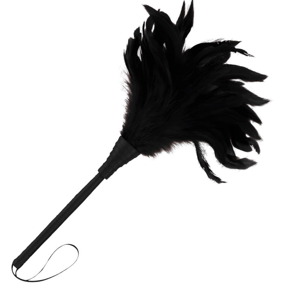Full view of black BDSM feather tickler with long handle and soft plume – ideal for foreplay