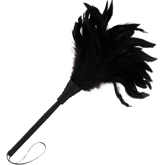 Full view of black BDSM feather tickler with long handle and soft plume – ideal for foreplay