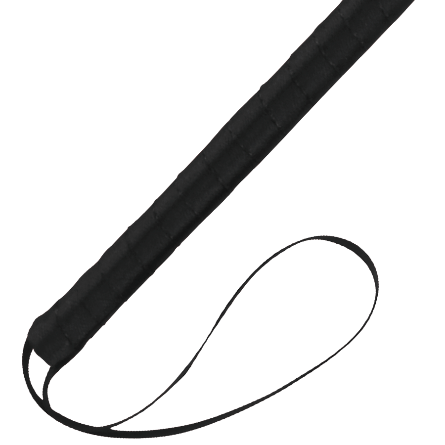 Close-up of black wrapped handle with wrist strap – BDSM feather tickler for sensory play