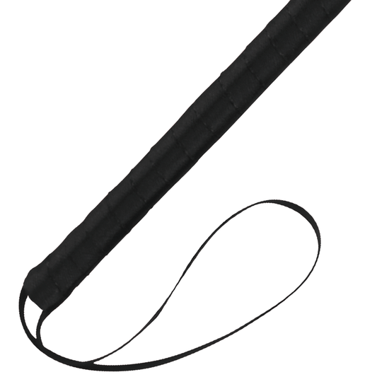 Close-up of black wrapped handle with wrist strap – BDSM feather tickler for sensory play