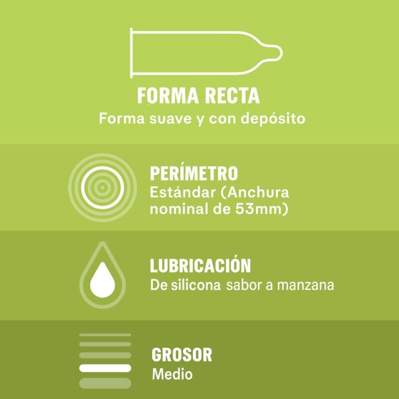 Durex apple-flavored condom with silicone lubricant, medium thickness, and reservoir tip