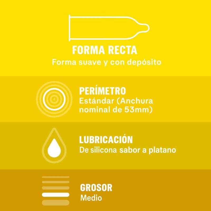 Banana-flavored Durex condom, straight fit with reservoir, silicone-based lubrication