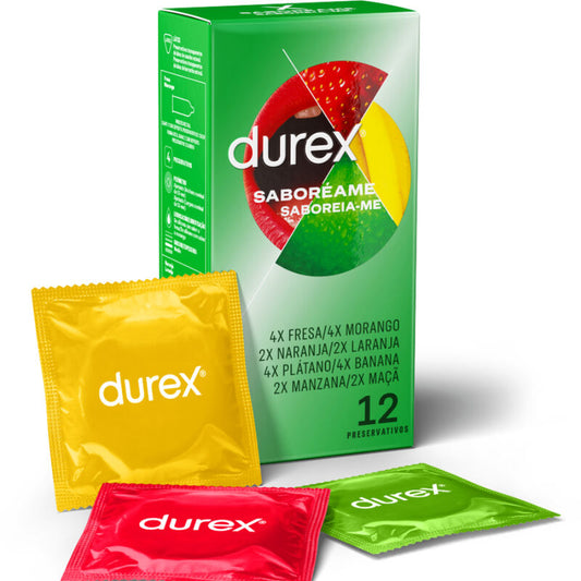 Durex assorted flavored condoms in colorful wrappers – 12 pack with fruity flavors for extra fun