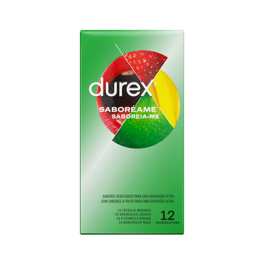 Durex Saboréame mixed flavor condoms pack of 12 with strawberry, banana, orange, and apple flavors