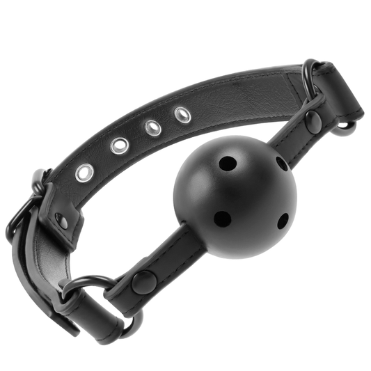 Flat layout of FETISH SUBMISSIVE black ball gag with breathing holes
