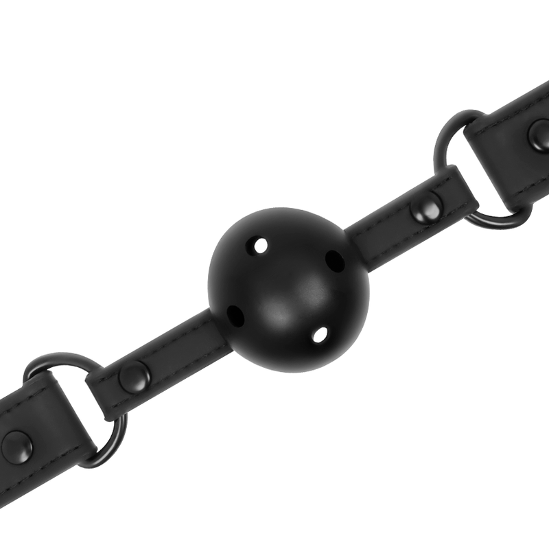 Side view of breathable ball gag with adjustable strap - black BDSM gear