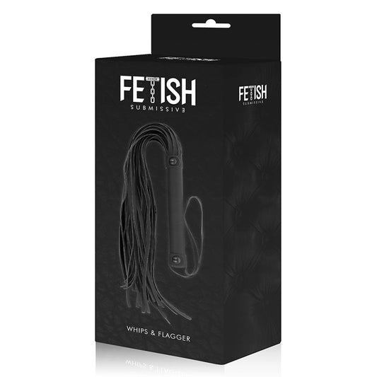 Fetish Submissive Whips & Flagger packaging – black BDSM whip in branded box