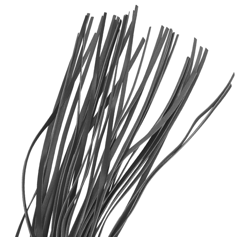 Detailed view of soft black leather strands on BDSM flogger whip