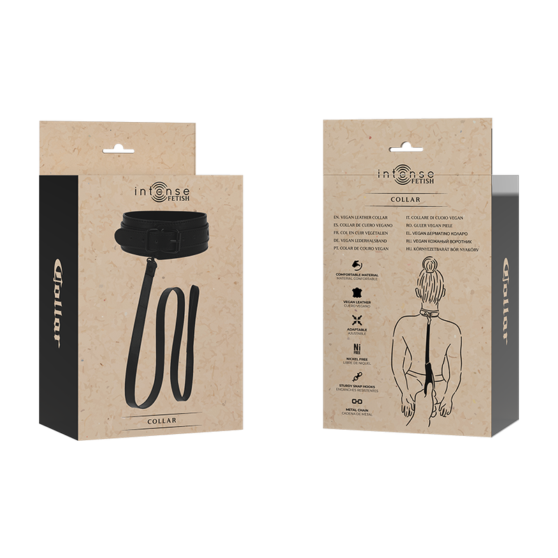 Front and back of Intense Fetish BDSM collar packaging with usage icons