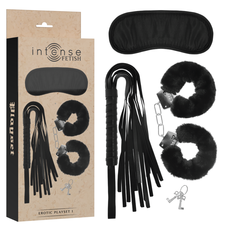 Complete Intense Fetish BDSM starter set with eye mask, flogger, cuffs, keys