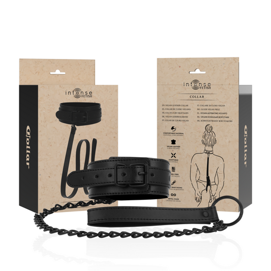 Display of Intense Fetish BDSM collar with packaging and leash – vegan leather gear
