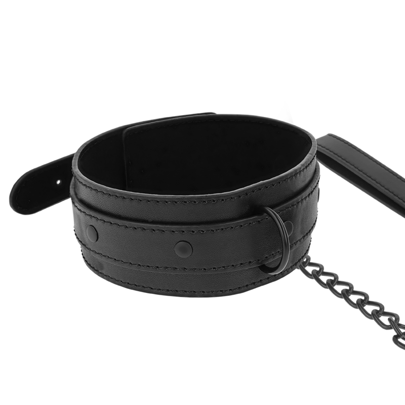 Side view of black vegan leather BDSM collar with metal D-ring and stitching