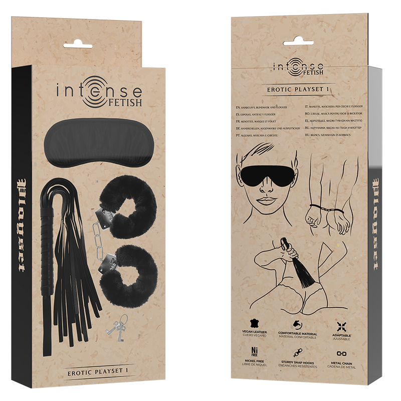 Front and back packaging of Erotic Playset 1 by Intense Fetish with icons