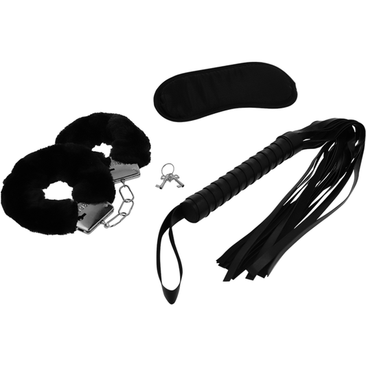 Erotic Playset 1 unboxed – satin eye mask, furry handcuffs, black flogger