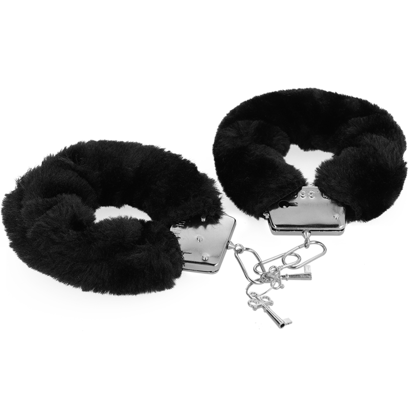 Black faux fur handcuffs with metal chain and keys – beginner bondage gear