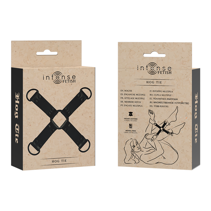 Intense Fetish hogtie restraint packaging with multilingual info and illustration