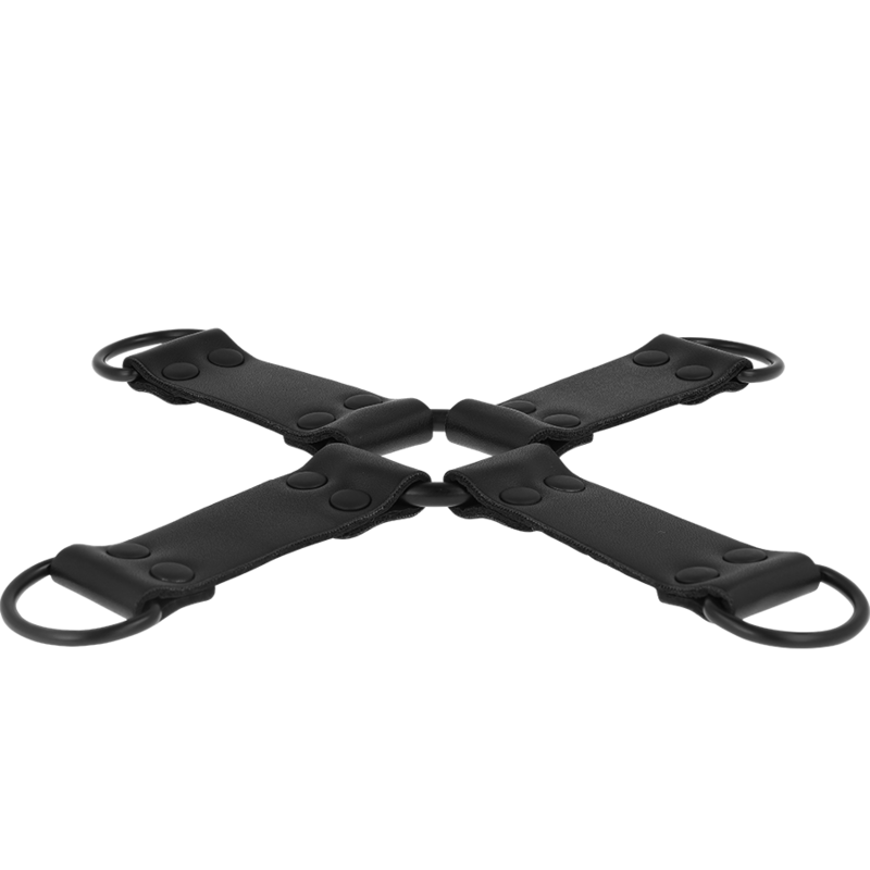Extended view of Intense Fetish hogtie set in cross position for bondage play