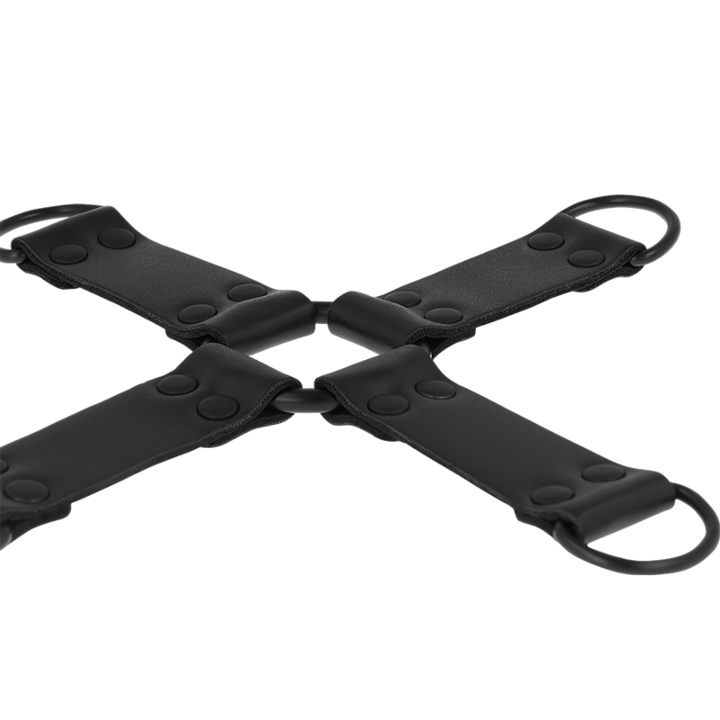 Side view of hogtie restraint system in vegan leather with sturdy stitching