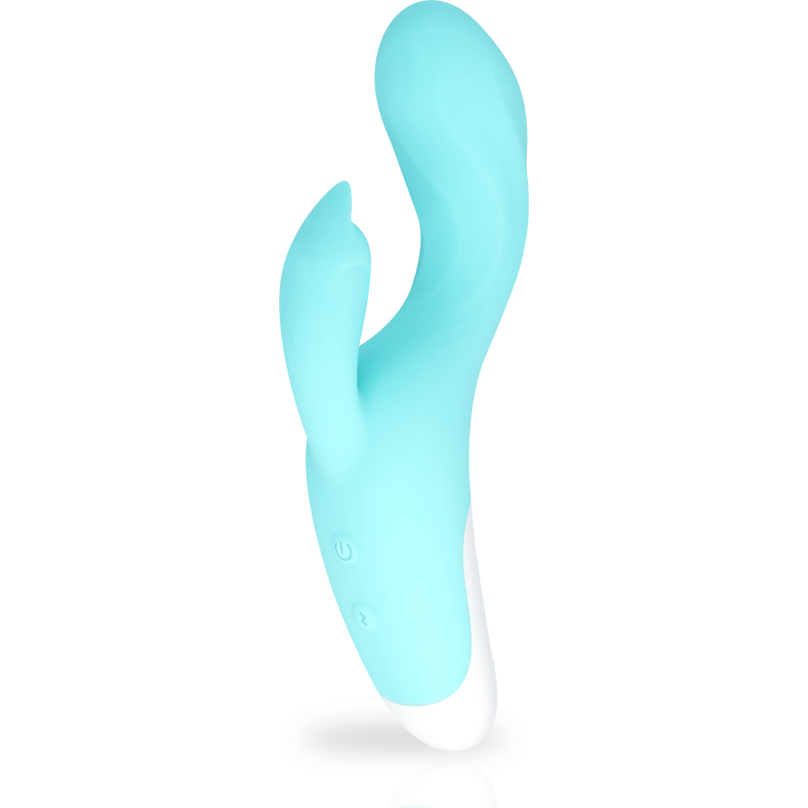 Side view of MIA DRESDE’s dual motor vibrator with curved shaft and bunny arm – Juguito